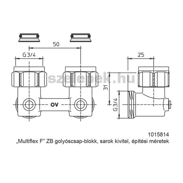 OVENTROP "Multiflex F" ZB golyóscsap-blokk, kétcsöves fűtési rendszerekhez, 3/4” hollandi x 3/4” km., PN10, sarok kivitelben (1015814)