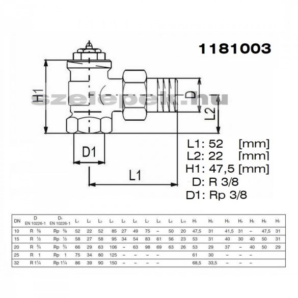 OVENTROP DN10 (3/8") sarok kivitelű "A" tip. termosztatikus fűtőtestszelep, előbeállítás nélkül, PN10, M30x1,5 mm (1181003)