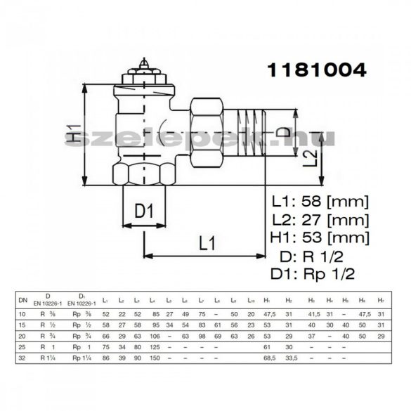 OVENTROP DN15 (1/2") "A" tip. termosztatikus fűtőtestszelep, előbeállítás nélkül, sarok kivitel, PN10, M30x1,5 mm (1181004)