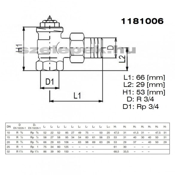 OVENTROP DN20 (3/4") "A" tip. termosztatikus fűtőtestszelep, előbeállítás nélkül, sarok kivitel, PN10, M30x1,5 mm (1181006)