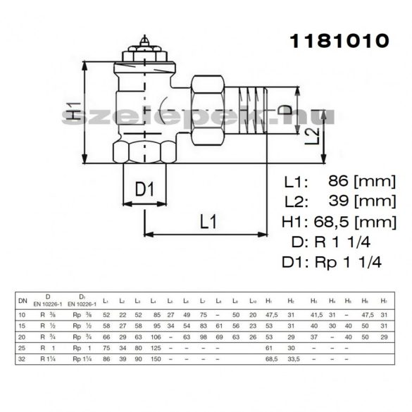 OVENTROP DN32 (5/4") "A" tip. termosztatikus fűtőtestszelep, előbeállítás nélkül, sarok kivitelPN10, M30x1,5 mm (1181010)