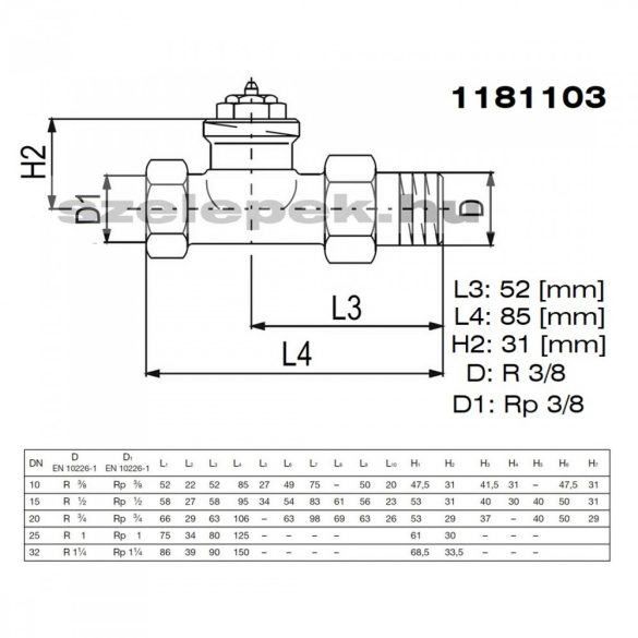 OVENTROP DN10 (3/8"), "A" tip. termosztatikus fűtőtestszelep, PN10, egyenes kivitel, M30x1,5 mm (1181103)