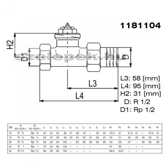 OVENTROP DN15 (1/2") "A" tip. termosztatikus fűtőtestszelep, PN10, egyenes kivitel, M30x1,5 mm (1181104)