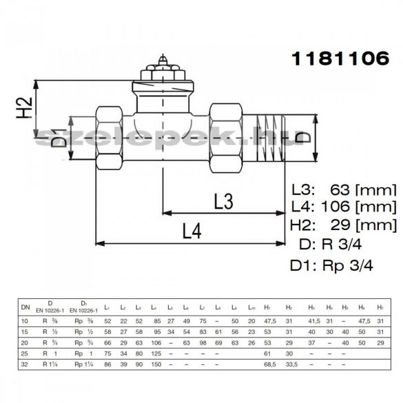 OVENTROP DN20 (3/4") "A" tip. termosztatikus fűtőtestszelep, PN10, egyenes kivitel, M30x1,5 mm (1181106)