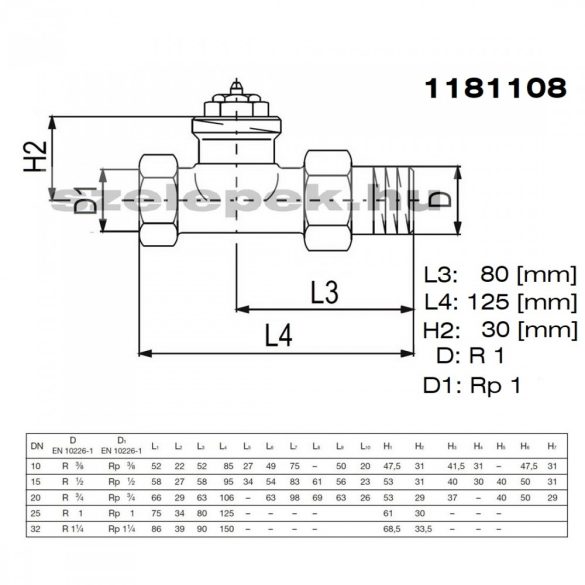 OVENTROP DN25 (1") "A" tip. termosztatikus fűtőtestszelep, PN10, egyenes kivitel, M30x1,5 mm (1181108)