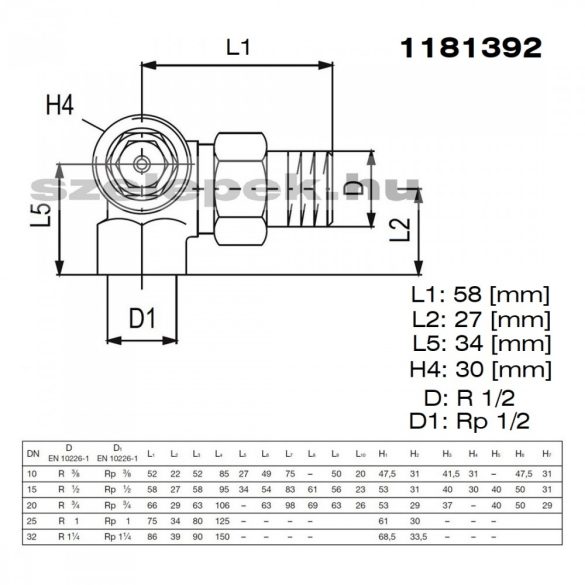 OVENTROP DN15 (1/2") "A" tip. termosztatikus fűtőtestszelep, PN10, térsarok, balos kivitel, M30x1,5 mm (1181392)