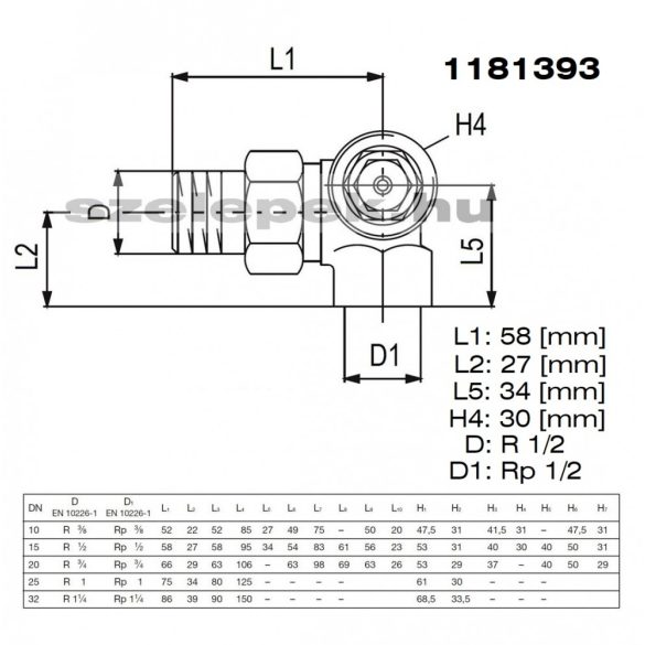 OVENTROP DN15 (1/2") "A" tip. termosztatikus fűtőtestszelep, PN10, térsarok, jobbos kivitel, M30x1,5 mm (1181393)
