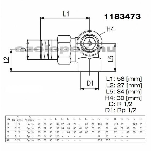 OVENTROP DN15 (1/2") "AV 9" tip. előbeállítható termosztatikus fűtőtestszelep, PN10,  térsarok, jobbos, M30x1,5 mm (1183473)