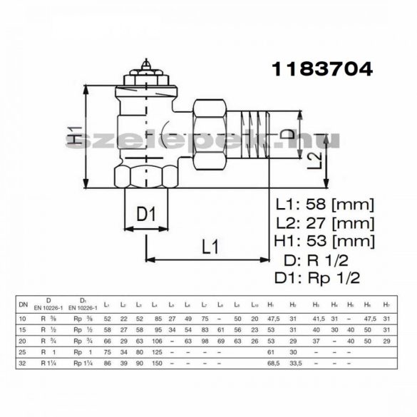 OVENTROP DN15 (1/2") "AV" 9 tip. előbeállítható termosztatikus fűtőtestszelep, PN10, sarok, M30x1,5 mm (1183704)