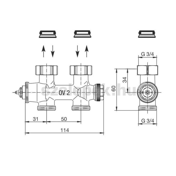 OVENTROP "Multiblock T" multifunkciós termosztatikus fűtőtestszelep, egyenes kivitelben (1184013)