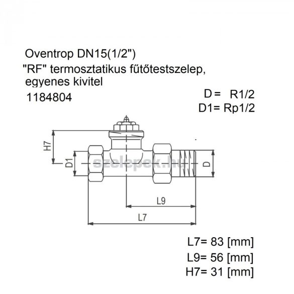 OVENTROP DN15 (1/2") "RF" tip. termosztatikus fűtőtestszelep, PN10, egyenes kivitel, M30x1,5 mm (1184804)