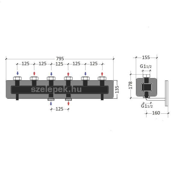 OVENTROP DN25 "Regumat" moduláris osztó-gyűjtő acélból, 3 db Regumat modulhoz