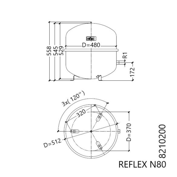 REFLEX "N 80" típusjelű membrános tágulási tartály, 80 literes, P 6,0 bar, szürke színben (8210200)
